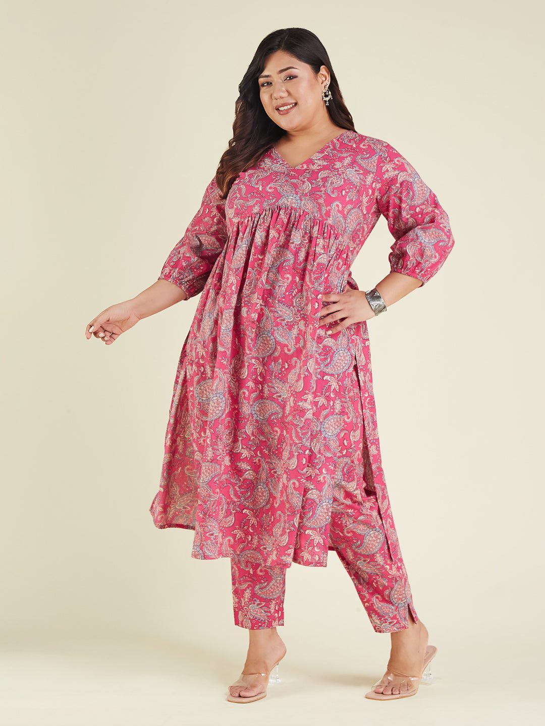 Janasya Bright Cotton Floral A-Line Kurta Set