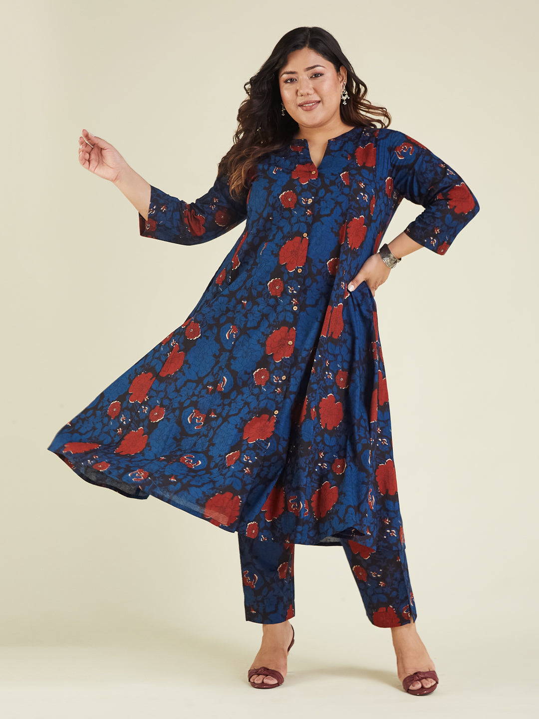 Janasya Dark Cotton Floral A-Line Kurta Set