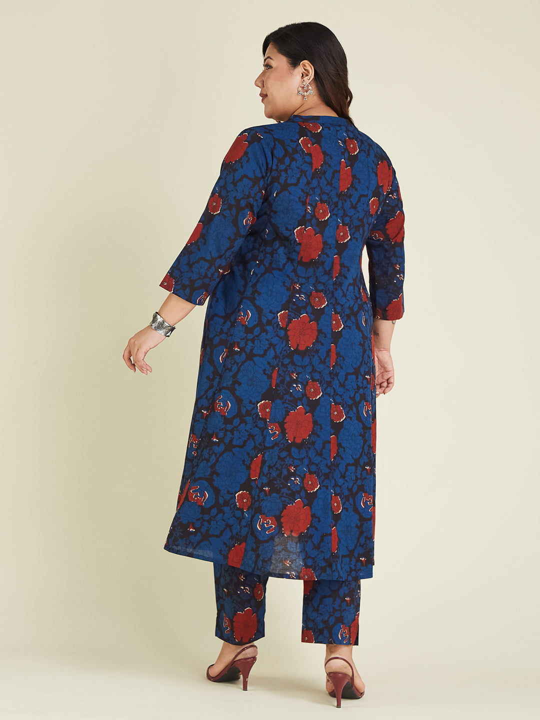 Janasya Dark Cotton Floral A-Line Kurta Set