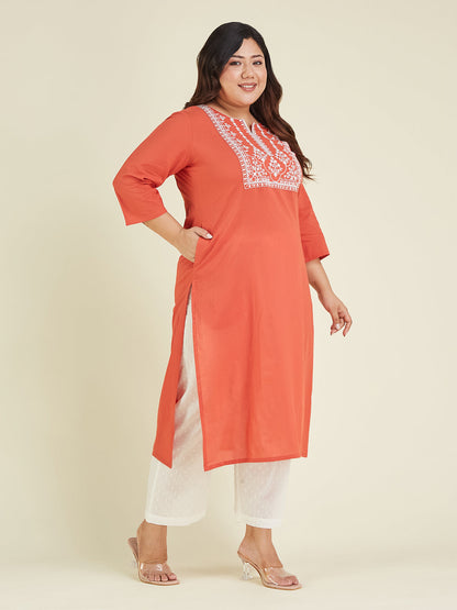 Janasya Dark Cotton Embroidered Straight Kurta