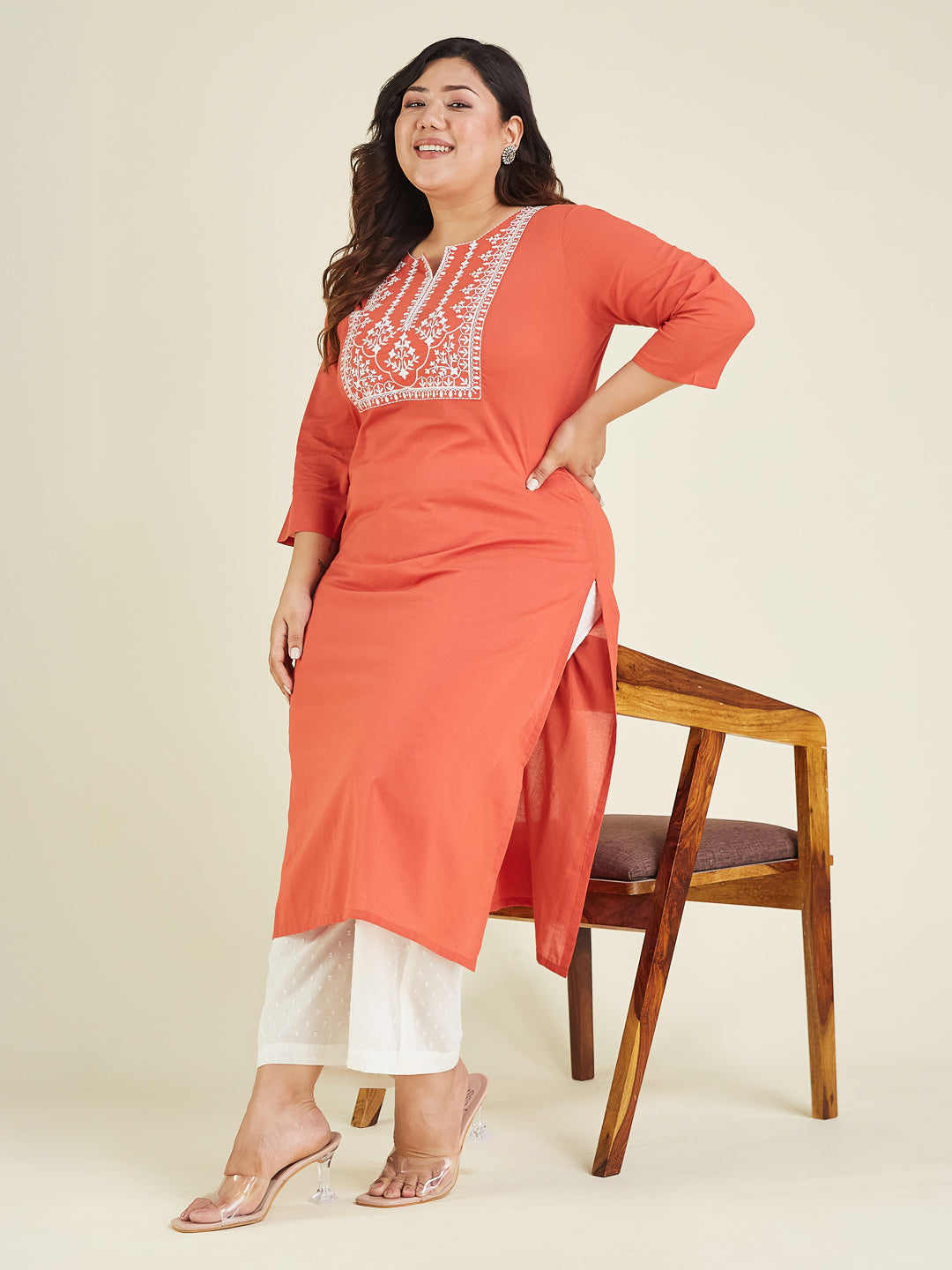 Janasya Dark Cotton Embroidered Straight Kurta