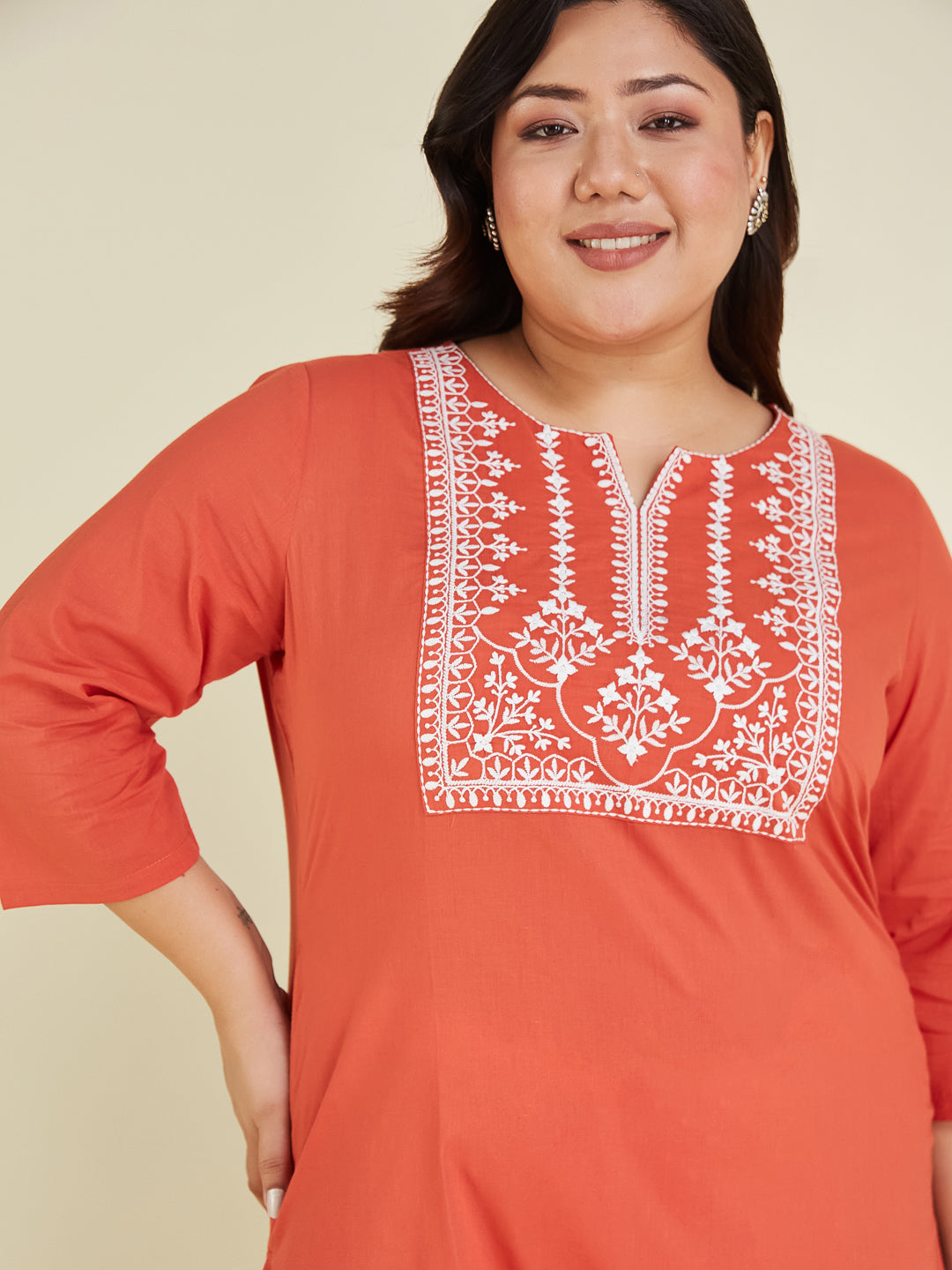 Janasya Dark Cotton Embroidered Straight Kurta