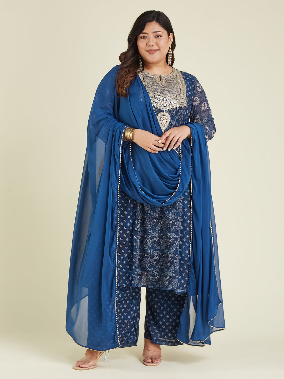 Janasya Dark Georgette Ajrakh Anarkali Kurta Set