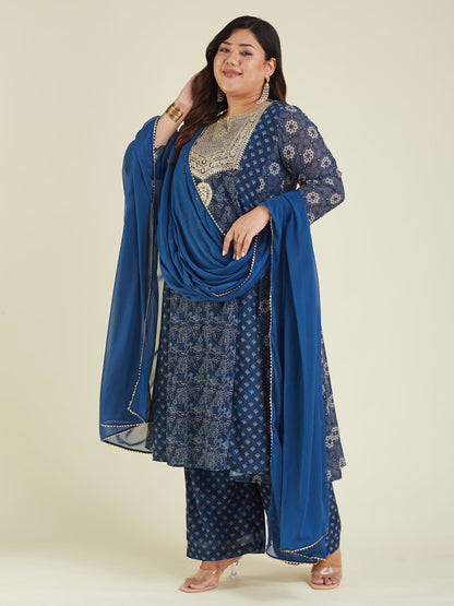 Janasya Dark Georgette Ajrakh Anarkali Kurta Set
