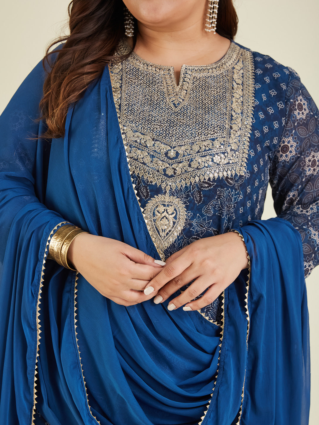 Janasya Dark Georgette Ajrakh Anarkali Kurta Set