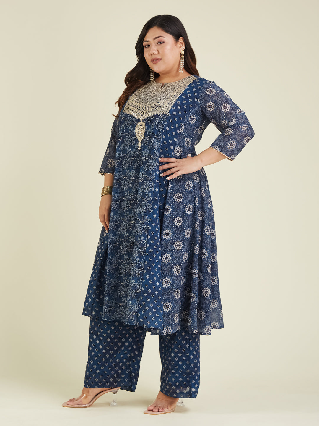 Janasya Dark Georgette Ajrakh Anarkali Kurta Set