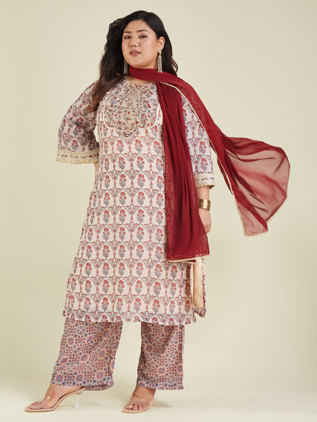 Janasya Light Georgette Yoke Embroidery A-Line Kurta Set