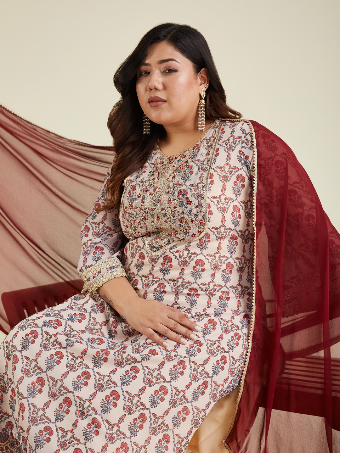 Janasya Light Georgette Yoke Embroidery A-Line Kurta Set