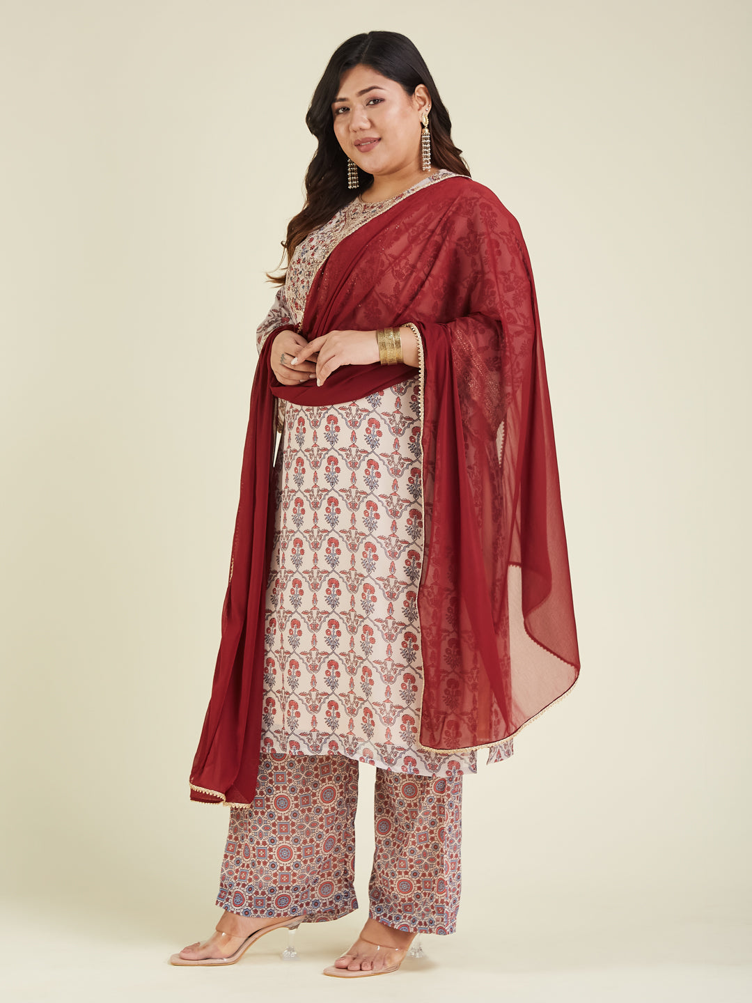 Janasya Light Georgette Yoke Embroidery A-Line Kurta Set