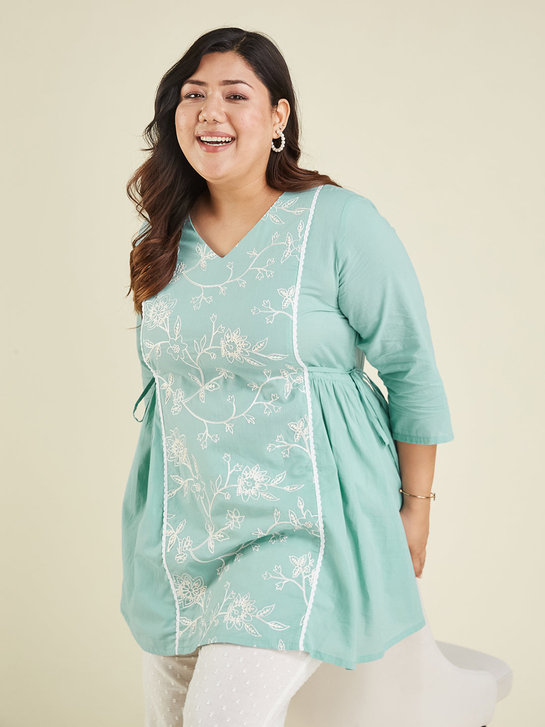 Janasya Bright Cotton Embroidered A-Line Tunic