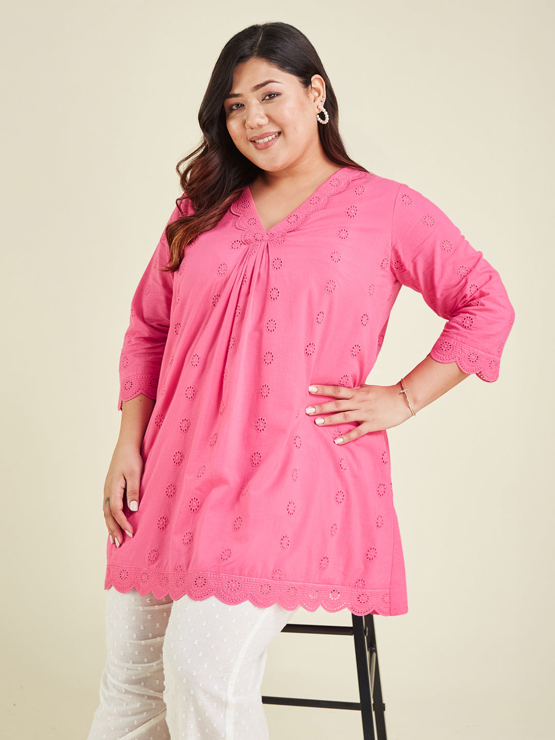 Janasya Bright Cotton Schiffli A-Line Tunic