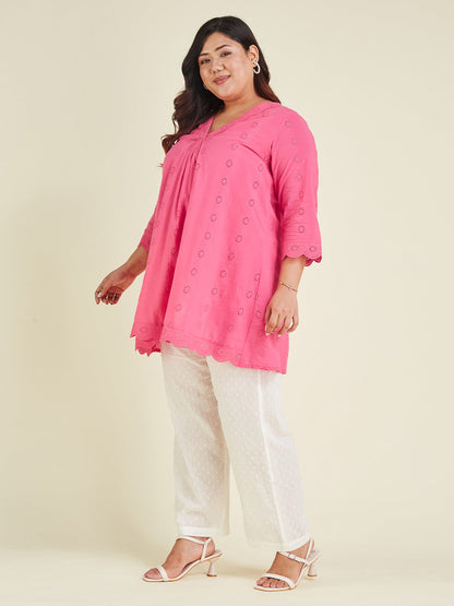 Janasya Bright Cotton Schiffli A-Line Tunic