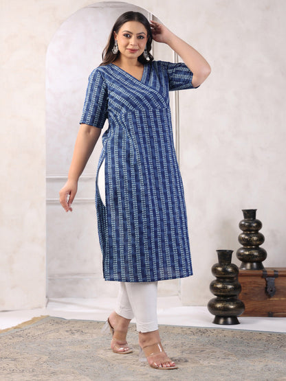 Janasya Dark Cotton Geometric Straight Kurta