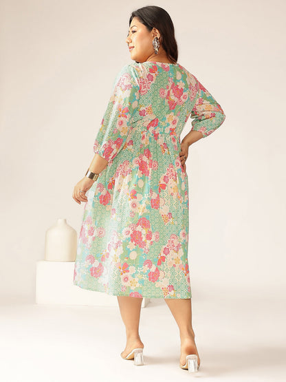 Janasya Bright Cotton Floral A-Line Dress