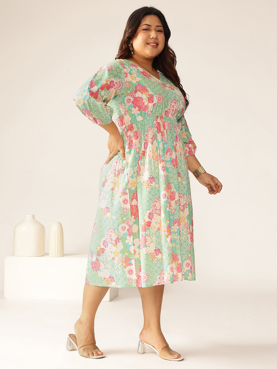 Janasya Bright Cotton Floral A-Line Dress