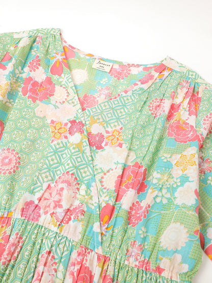 Janasya Bright Cotton Floral A-Line Dress