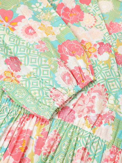 Janasya Bright Cotton Floral A-Line Dress