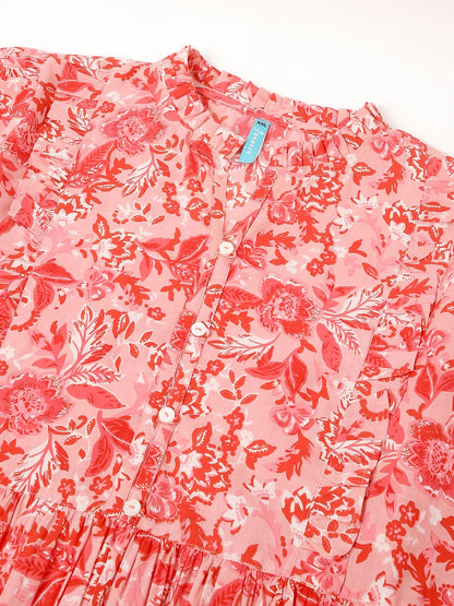 Janasya Bright Cotton Floral A-Line Dress