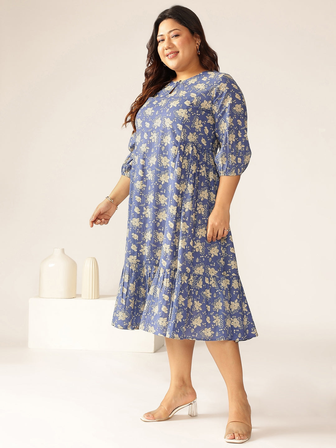 Janasya Bright Cotton Floral Fit & Flare Dress