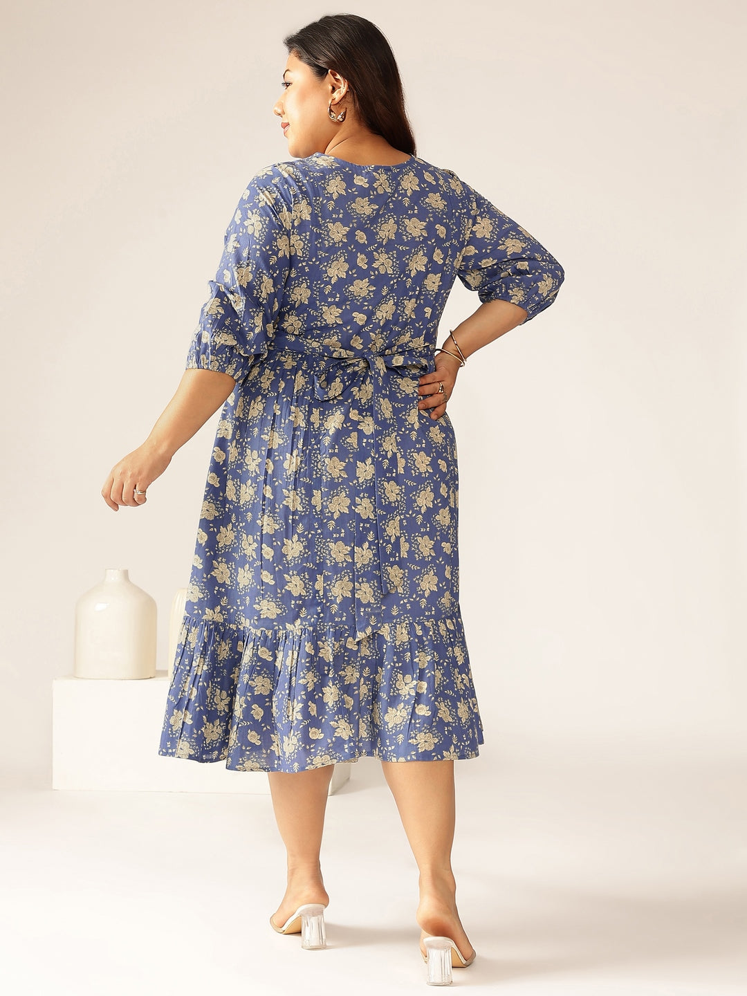 Janasya Bright Cotton Floral Fit & Flare Dress