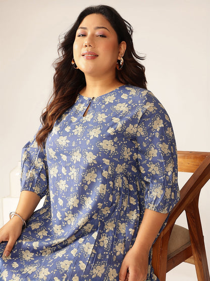 Janasya Bright Cotton Floral Fit & Flare Dress