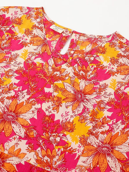 Janasya Bright Cotton Floral A-Line Dress