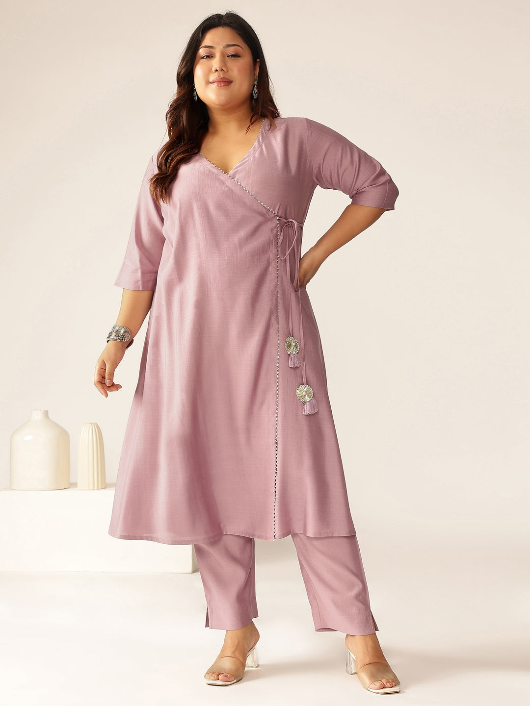 Janasya Light Silk Blend Solid Angrakha Kurta Set