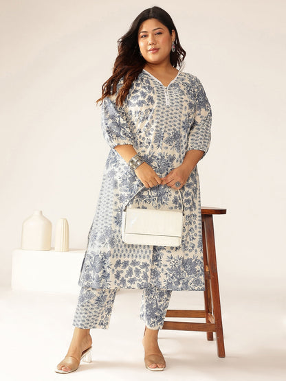 Janasya Light Cotton Floral A-Line Kurta Set