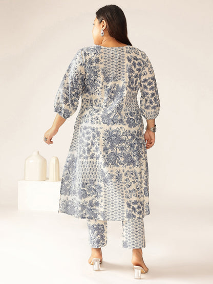 Janasya Light Cotton Floral A-Line Kurta Set
