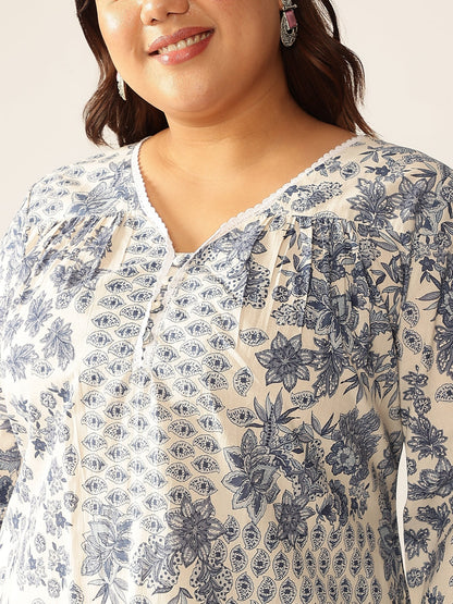 Janasya Light Cotton Floral A-Line Kurta Set