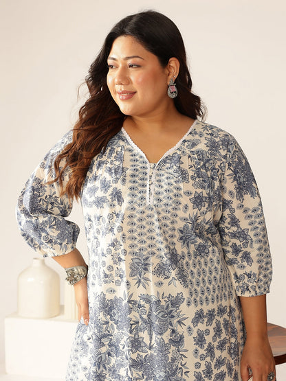 Janasya Light Cotton Floral A-Line Kurta Set