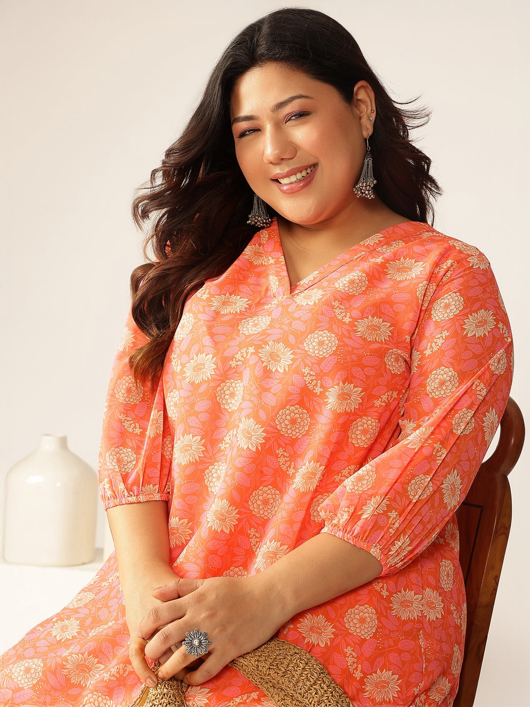 Janasya Bright Georgette Floral A-Line Tunic