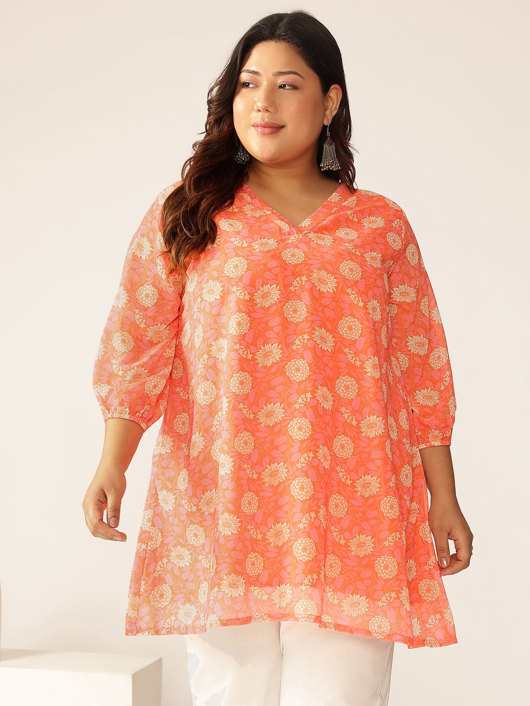 Janasya Bright Georgette Floral A-Line Tunic