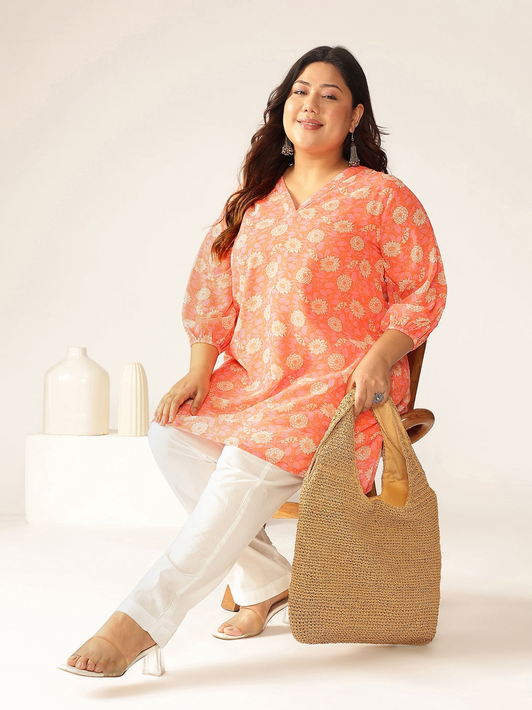 Janasya Bright Georgette Floral A-Line Tunic