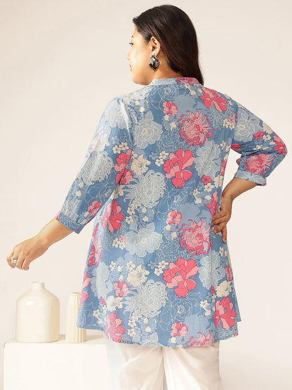 Janasya Bright Cotton Floral A-Line Tunic