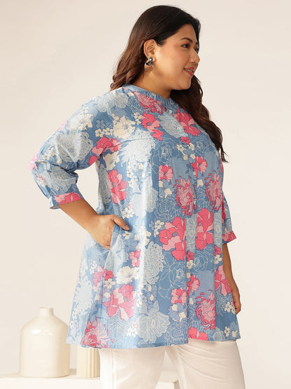 Janasya Bright Cotton Floral A-Line Tunic