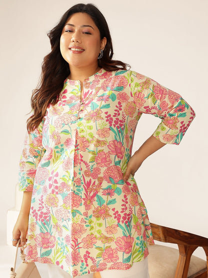 Janasya Bright Cotton Floral A-Line Tunic