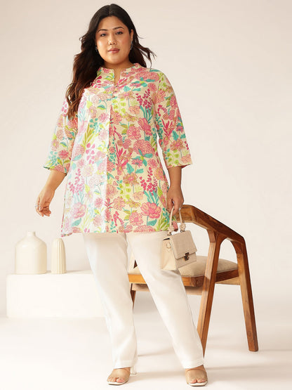 Janasya Bright Cotton Floral A-Line Tunic