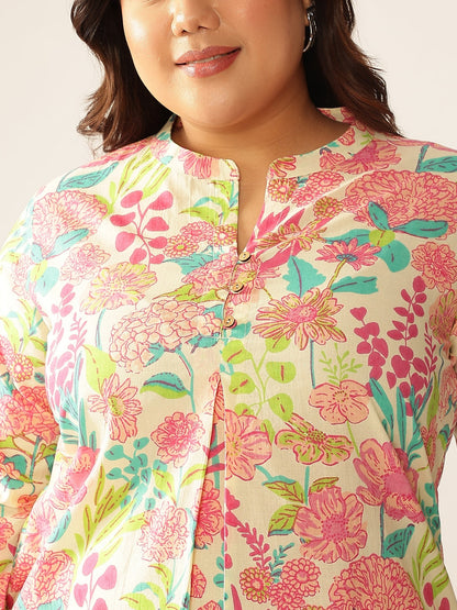 Janasya Bright Cotton Floral A-Line Tunic