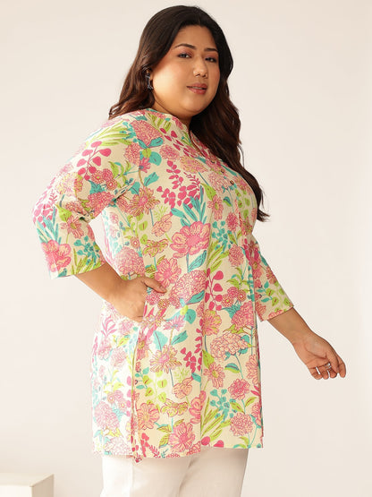 Janasya Bright Cotton Floral A-Line Tunic