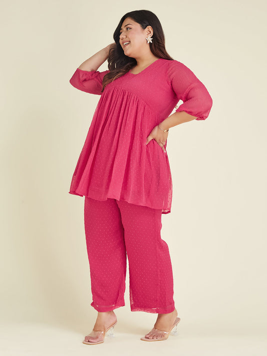 Janasya Bright Dobby Chiffon Self Design A-Line Top & Bottom Set