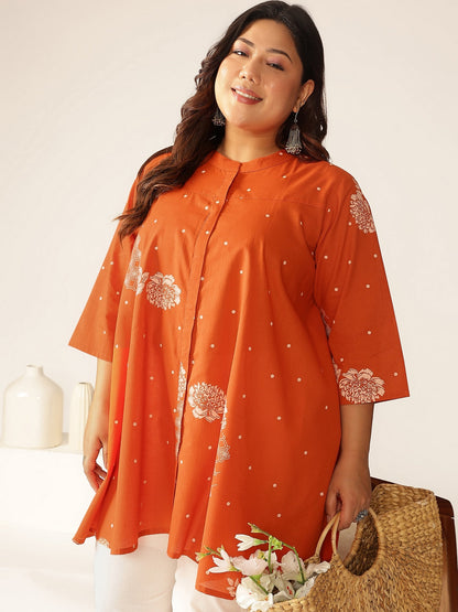 Janasya Dark Cotton Floral A-Line Tunic