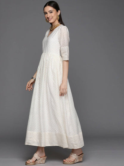 Ahalyaa Women's Off white Chanderi Gold Pasted Dress