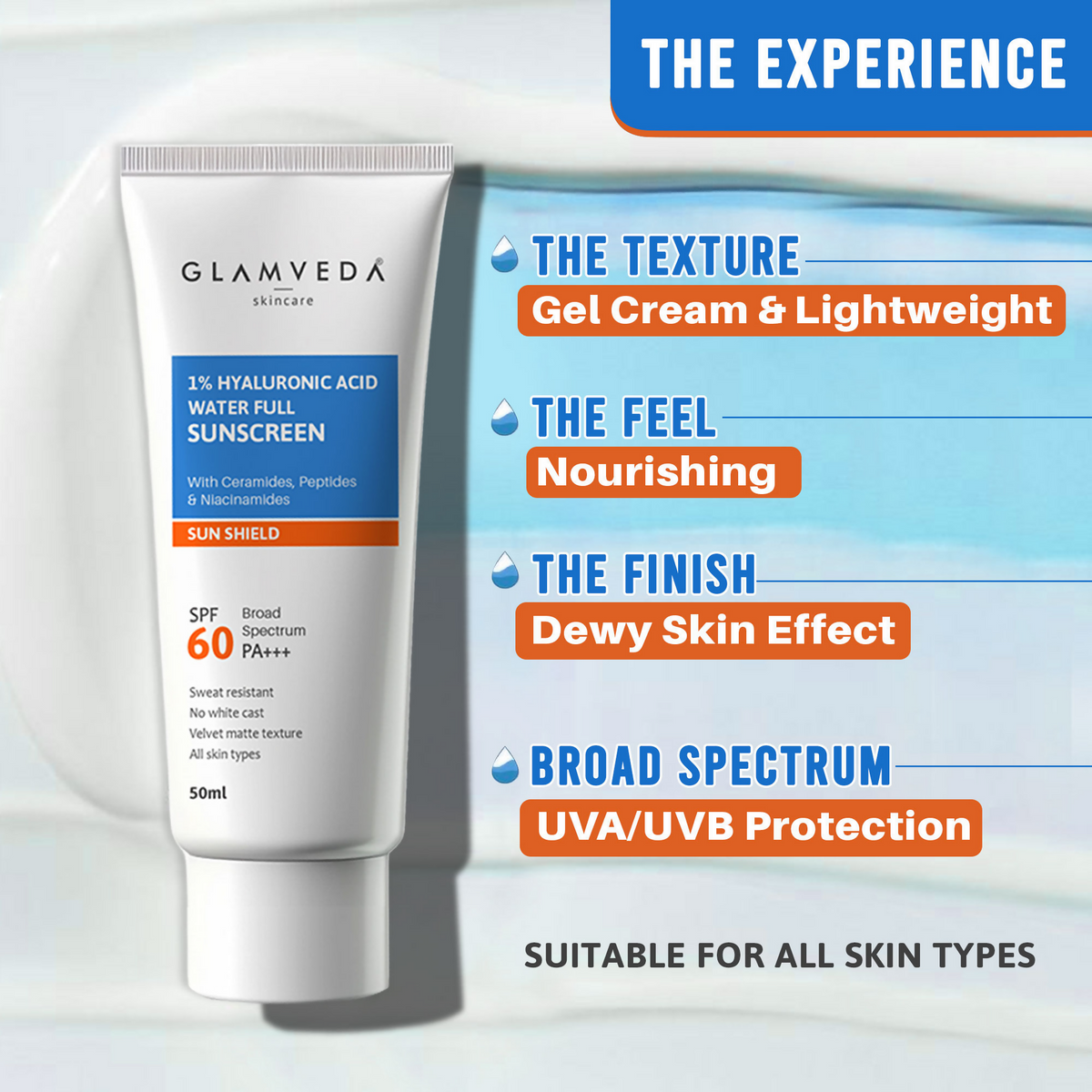 Glamveda 1% Hyaluronic Acid Water Full Sunscreen SPF 60 PA+++