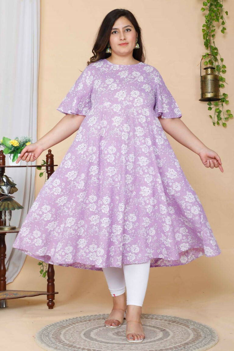 Miravan Women's Plus Size Lavender Floral Flared Sleeves Anarkali Kurta