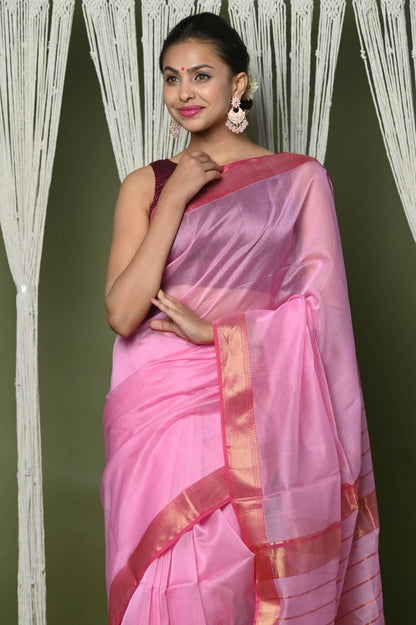 Very Much Indian Handloom Cotton Silk Maheshwari Saree With Sleek Golden Border - Rose Pink