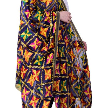 SWI Stylish Women's Embroidered Phulkari Chiffon Navy Blue Dupatta