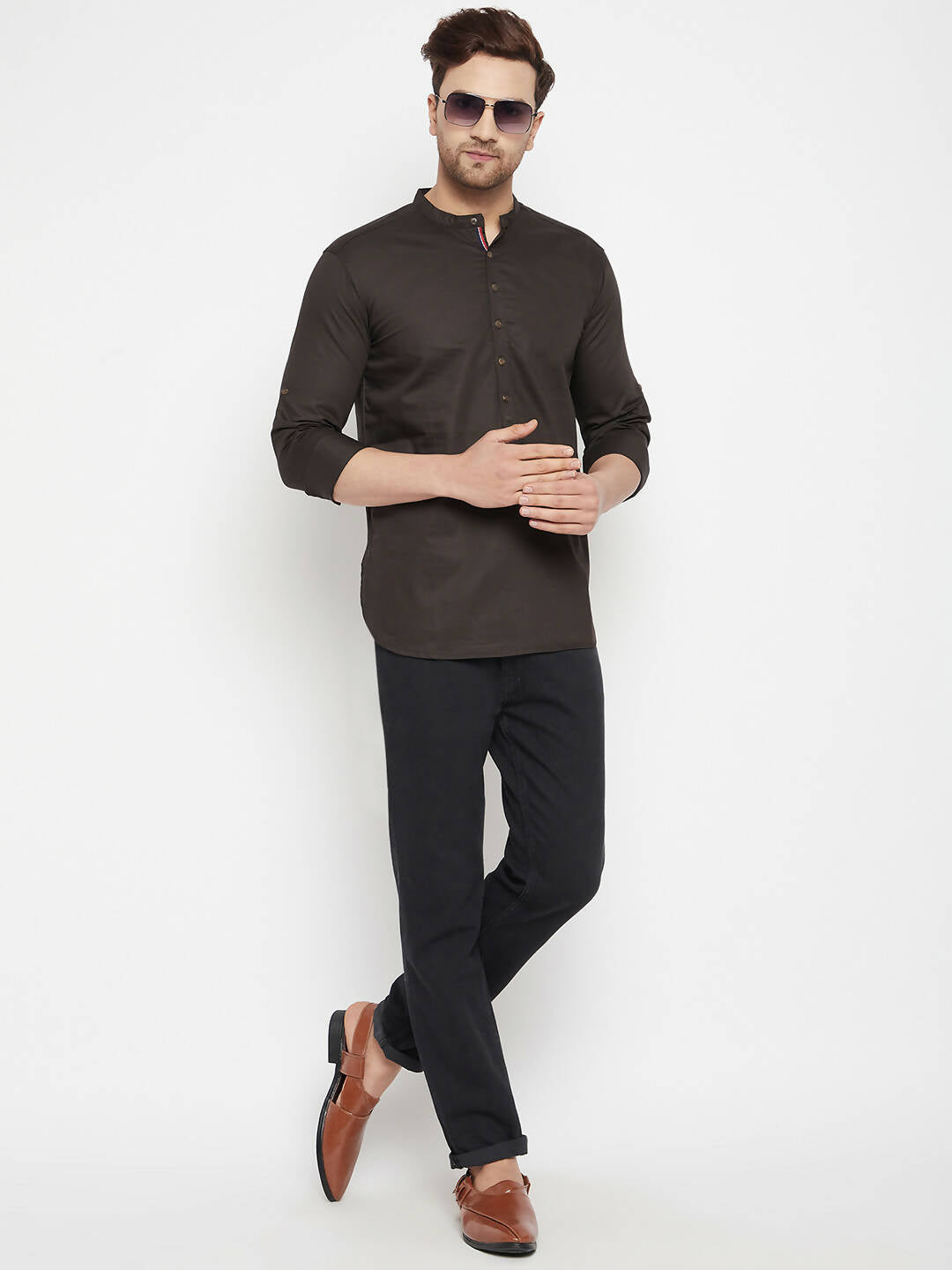 Even Apparels Brown Pure Cotton short Men's Kurta With Band Collar
