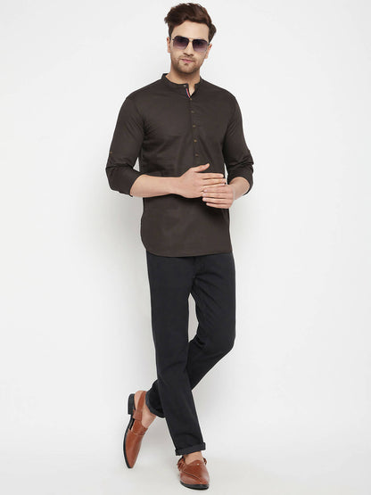Even Apparels Brown Pure Cotton short Men's Kurta With Band Collar