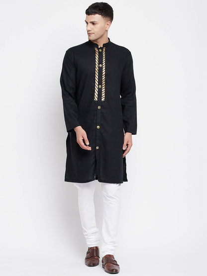 Even Apparels Black Linen Men's Sherwani Kurta With Decorative Placket